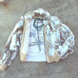 Vtg 90s Genuine Rabbit Fur Jacket Calico GLAM